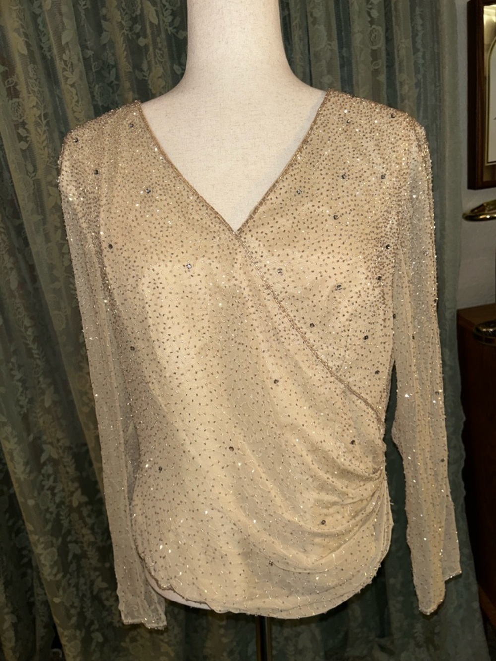 Vintage 100% Silk Beaded V-Neck Long Sleeve Top Champagne